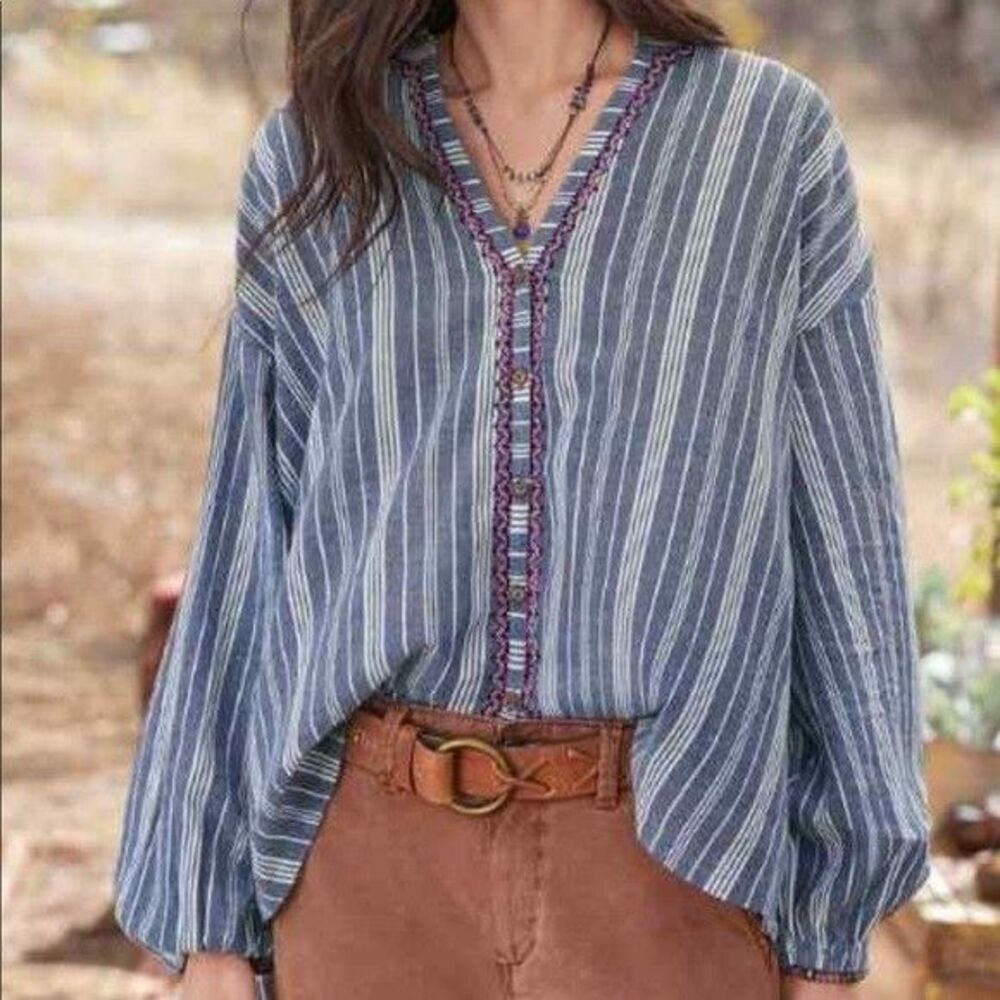 Sundance Solitude Embroidered Stripe V-Neck Top - L